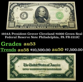 1934A FR-2212C $1000 Green Seal Federal Reserve Note Grades Select AU
