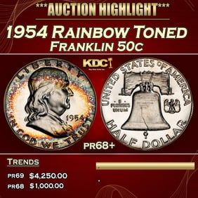 1954 Proof Franklin Half Dollar Rainbow Toned 50c pr68+ SEGS