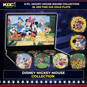 6 PC. Mickey Mouse & Friends Gold Plated Round Collection In Custom Box W/ Special Backer card