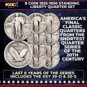 9 Coin 1925-1930 Standing Liberty Quarter 25c Set, Final 6 Years Of The Series