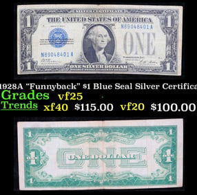 1928A $1 Blue Seal Silver Certificate "Funnyback" Grades vf+