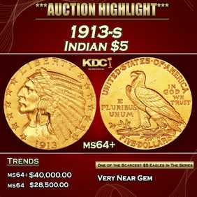 1913-s Gold Indian Half Eagle $5 ms64+ USCG