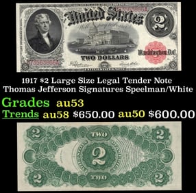1917 $2 Large Size Legal Tender Note Thomas Jefferson Grades Select AU Signatures Speelman/White