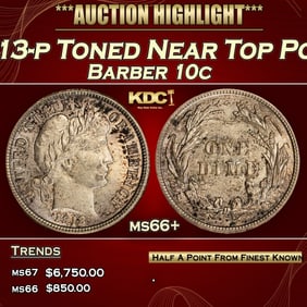 1913-p Barber Dime Toned Near Top Pop 10c ms66+ SEGS
