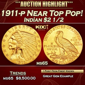 1911-p Gold Indian Quarter Eagle Near Top Pop! $2 1/2 ms65 SEGS
