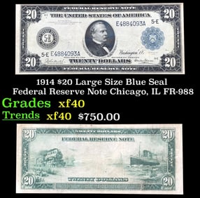 1914 FR-988 $20 Large Size Blue Seal Federal Resrve Note Grades xf