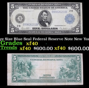 1914 $5 Large Size Blue Seal Federal Reserve Note New York, NY Grades xf FR-848