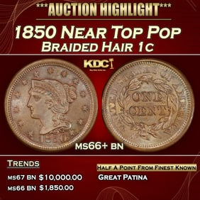 1850 Braided Hair Large Cent Near Top Pop 1c ms66+ bn SEGS