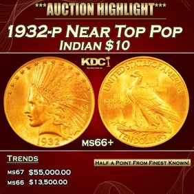 1932-p Gold Indian Eagle Near Top Pop $10 ms66+ SEGS