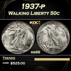 1937-p Walking Liberty Half Dollar 50c Grades ms66