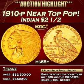 1910-p Gold Indian Quarter Eagle Near Top Pop! $2 1/2 ms65+ SEGS