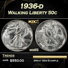 1936-d Walking Liberty Half Dollar 50c Grades ms65