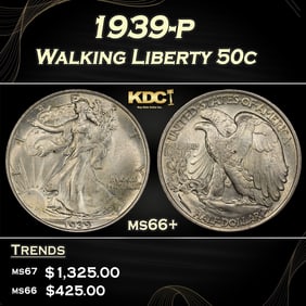 1939-p Walking Liberty Half Dollar 50c ms66+ SEGS