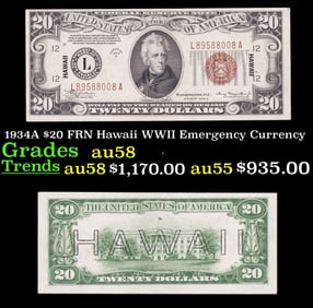 1934A $20 FRN Hawaii WWII Emergency Currency Grades Choice AU/BU Slider