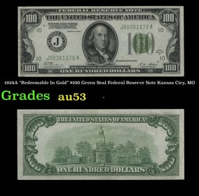 1928A $100 Green Seal Federal Reserve Note "Redeemable In Gold" Kansas Ciry, MO Grades Select AU