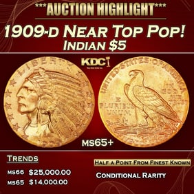 1909-d Gold Indian Half Eagle Near Top Pop! $5 ms65+ USCG