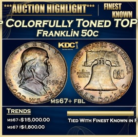 1952-p Franklin Half Dollar Colorfully Toned TOP POP! 50c ms67+ fbl SEGS