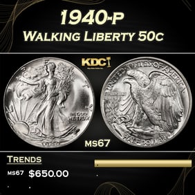 1940-p Walking Liberty Half Dollar 50c ms67 SEGS