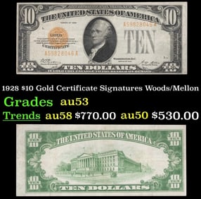 1928 $10 Gold Certificate Signatures Woods/Mellon Grades Select AU