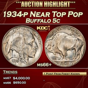 1934-p Buffalo Nickel Near Top Pop 5c ms66+ SEGS
