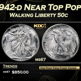 1942-d Walking Liberty Half Dollar Near Top Pop 50c ms67 SEGS