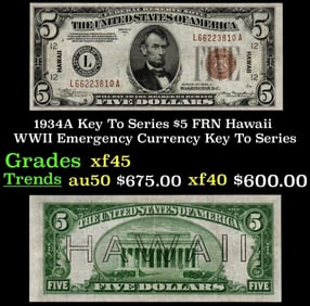 1934A $5 FRN Hawaii WWII Emergency Currency Key To Series Key To Series Grades xf+