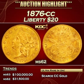 1876-cc Gold Liberty Double Eagle $20 ms62 USCG