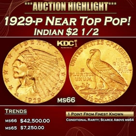 1929-p Gold Indian Quarter Eagle Near Top Pop! $2 1/2 ms66 SEGS