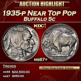 1935-p Buffalo Nickel Near Top Pop 5c ms67+ SEGS