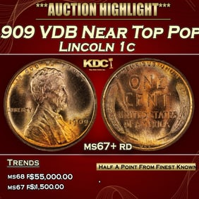 1909 VDB Lincoln Cent Near Top Pop 1c ms67+ rd SEGS