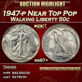 1947-p Walking Liberty Half Dollar Near Top Pop 50c ms67+ SEGS