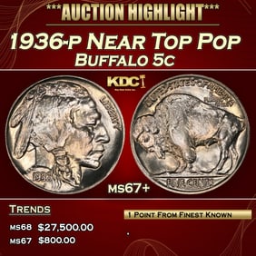 1936-p Buffalo Nickel Near Top Pop 5c ms67+ SEGS