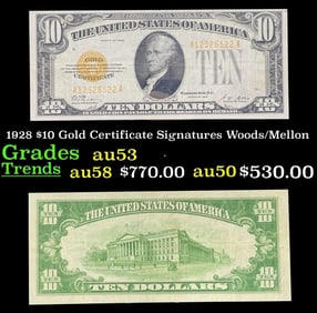 1928 $10 Gold Certificate Grades Select AU