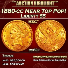 1880-cc Gold Liberty Half Eagle Near Top Pop! $5 ms62+ SEGS