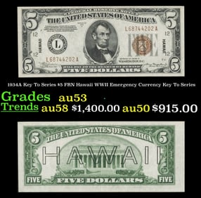 1934A $5 FRN Hawaii WWII Emergency Currency Grades Select AU
