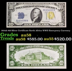 1934A $10 Silver Certificate North Africa WWII Emergency Currency Grades Choice AU/BU Slider