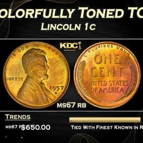 1957-d Lincoln Cent Colorfully Toned TOP POP! 1c ms67 rb SEGS
