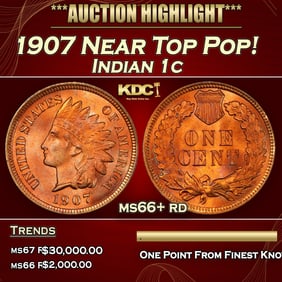 1907 Indian Cent Near Top Pop! 1c ms66+ rd SEGS