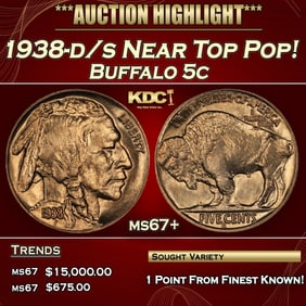 1938-d/s Buffalo Nickel Near Top Pop! 5c ms67+ SEGS