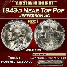 1943-d Jefferson Nickel Near Top Pop 5c ms68 5fs SEGS