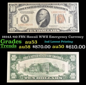 1934A $10 FRN Hawaii WWII Emergency Currency Grades Select AU