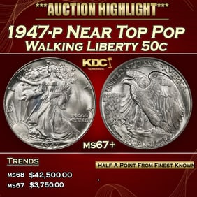 1947-p Walking Liberty Half Dollar Near Top Pop 50c ms67+ SEGS