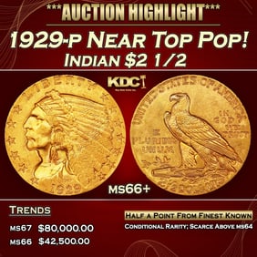 1929-p Gold Indian Quarter Eagle Near Top Pop! $2 1/2 ms66+ USCG