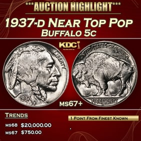 1937-d Buffalo Nickel Near Top Pop 5c ms67+ SEGS