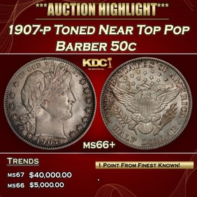 1907-p Barber Half Dollars Toned Near Top Pop 50c ms66+ SEGS