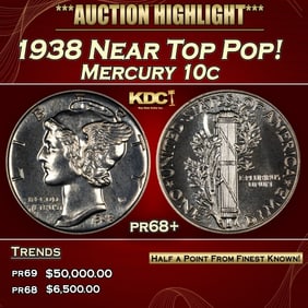 1938 Proof Mercury Dime Near Top Pop! 10c pr68+ SEGS
