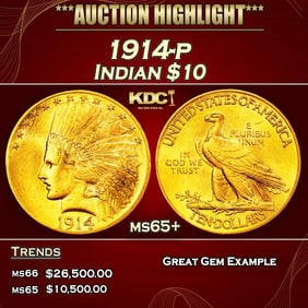 1914-p Gold Indian Eagle $10 ms65+ SEGS