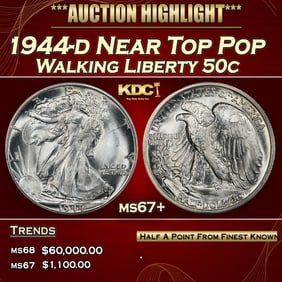 1944-d Walking Liberty Half Dollar Near Top Pop 50c ms67+ SEGS