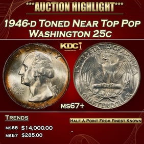 1946-d Washington Quarter Toned Near Top Pop 25c ms67+ SEGS