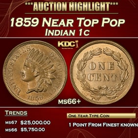 1859 Indian Cent Near Top Pop 1c ms66+ SEGS